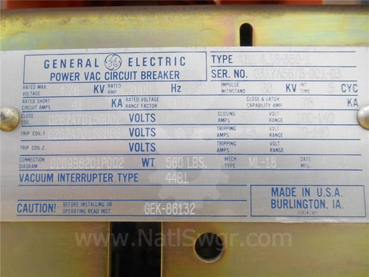 2000 Amps GE Vb1 4.16-350-1 Ml-18 (vb1 4.16-350) 125 Volts DC Control, 41k Amps Sc, Bottle# 44b1 - Image 6