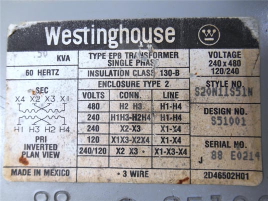 Westinghouse, s20n11s51n, 4:1 type epb transformer .5kva surplus012-011 - Image 2