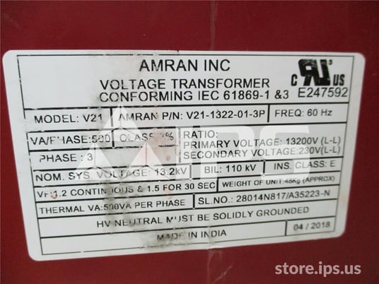 Amran V21 Three Phase Potential Transformer New 13.2kv:230, 57.4:1 - Image 1