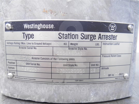 Westinghouse, 5556a60a12, 12kv type cpl station surge arrester surplus015-846 - Image 2