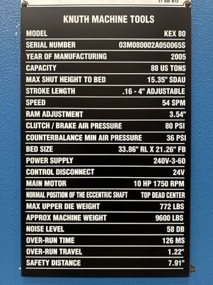 88 Ton, Knuth #KEX80, C-frame, 4" stroke, 15.35" Shut Height, 33.86" LR x 21.26" front back, 54 SPM - Image 10