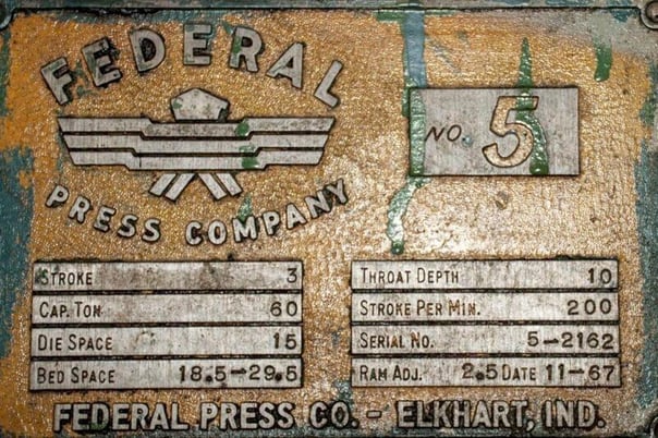 60 Ton, Federal #5, OBI press, 3" stroke, 15" Shut Height, 2.5" adj., 10" throat, 200 SPM, 29" x 18.5" bed - Image 6