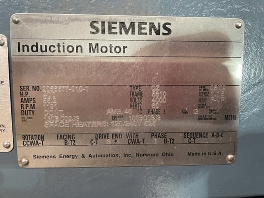 400 HP 1200 RPM Siemens, Frame 5810, TEFC, B/B, 1.15, new surp, 4160 Volts - Image 1