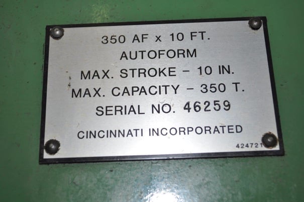 350 Ton, Cincinnati #350AF10, hydraulic press brake, 12' overall, 126" between housing, 10" stroke, 18" DL - Image 10
