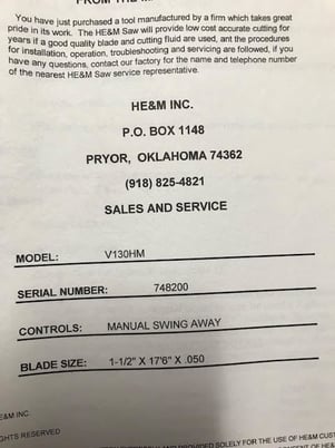 24" x 20" Hem #V130HM, 1.5" Blade Width, 17.5' Blade Length, 10 HP, 400 FPM, CNC (manual swing away), used - Image 3