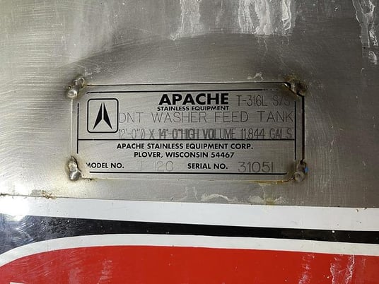 11844 gallon Apache, DNT washer feed 316L Stainless Steel tank, 12' D x 14' H - Image 2