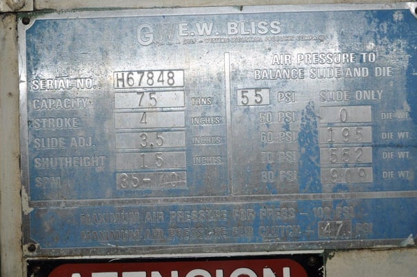 75 Ton, Bliss #C75, 4" stroke, 15" Shut Height, 3.5" adj., 35-70 SPM, 36" x24"bed, air clutch & brake, 1974 - Image 9