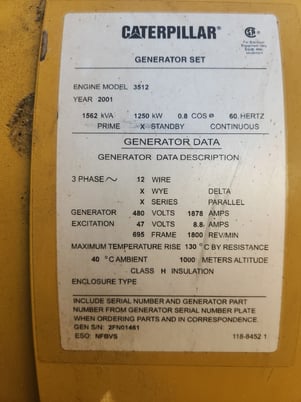 1250 KW Caterpillar #3512B, 794 hours, Tier 1, 2001, S/N CMC00207 - Image 7