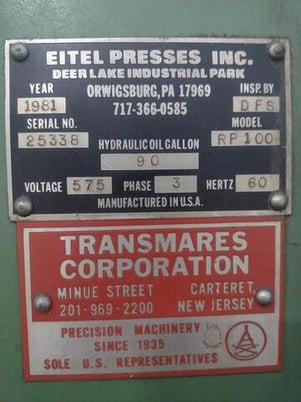 100 Ton, Eitel #RP100, 10" stroke, 38" daylight, 13.75" throat, 20 HP - Image 3