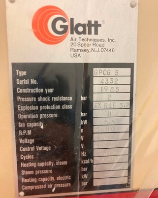 Glatt #GPCG5, fluid bed dryer, wurster, 2 bar, 5.5 KW, 3600 RPM, 1983 - Image 3