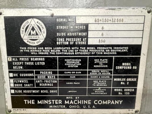 150 Ton, Minster #G1-150, OBI press, 6" stroke, 21" Shut Height, air clutch & brake, 40-80 VSPM - Image 5