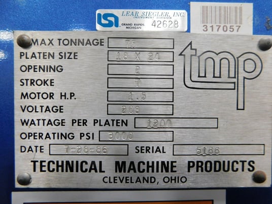 75 Ton, TMP vacuum press, 2 opening, 7" stroke, 18" x24" platen, 1.5 HP, 3000 psi, 208 V. - Image 8