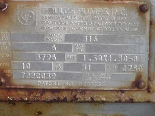 10 GPM @ 31' TDH, Goulds #3796ST, 1.5" x 1.5" x 8", No drive, 316 S/S10 - Image 1