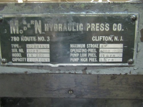 200 Ton, M & N, Four Post Hobbing Press, 8" stroke, 8" opening - Image 2