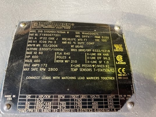 600 HP 1800 RPM Marathon, Frame 510UZ, DPFVBB, 460 Volts - Image 4