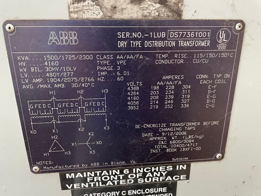 1500/1725/2300 KVA 4160 Primary, 480Y/277 Secondary, dry type transformer - Image 1