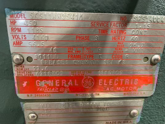 450 HP 1200 RPM General Electric, Frame 5011LL, BB, 4160 Volts - Image 1