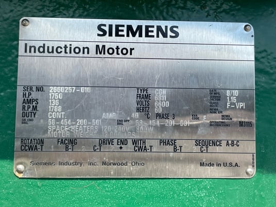 1750 HP 1800 RPM Siemens, Frame 6811, WPIISB, 6600 Volts, New Surplus - Image 3