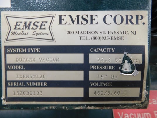 23 scfm Emse #1DRB5T120, medical duplex vacuum pump compressor, 10 HP, 460 V. - Image 5
