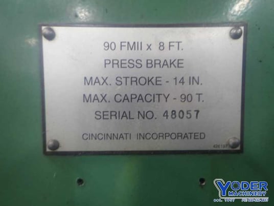 90 Ton, Cincinnati #90FMIIx8, hydraulic press brake, 10' overall, 100" between housing, 14" stroke, #72733 - Image 7