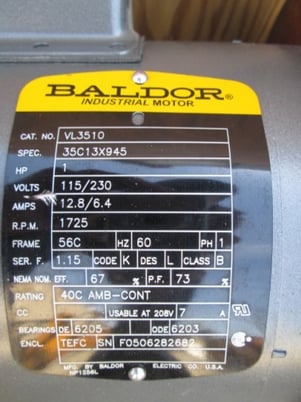 1 HP 1725 RPM Baldor, Frame 56C, TEFC, 12.8/6.4 amps, single phase, 115/230 Volts - Image 3