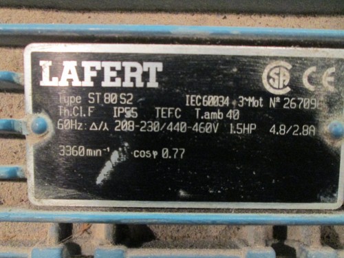 1.5 HP 3360 RPM Lafert, Frame 56C, TEFC, 4.8/2.8 Amps, 208/230/460 Volts - Image 2