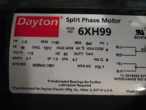 .16 HP 1140 RPM Dayton, Frame 48, TEFC, single phase, 4.7 Amps, 115 Volts - Image 3
