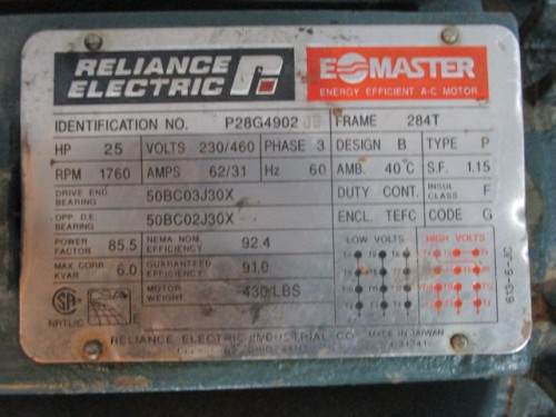 25 HP 1760 RPM Reliance, Frame 284T, 62/31 amps, energy efficient, 230/460 Volts - Image 3