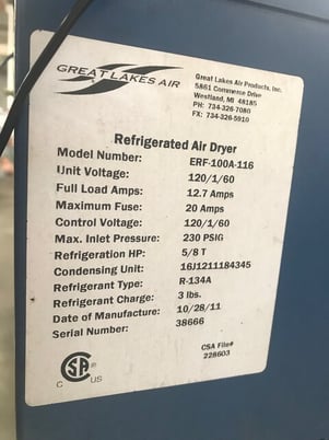 100 cfm, Great Lakes #ERF-100A-116, Refridgerated Air Dyer, 5/8 HP, #6367 - Image 3
