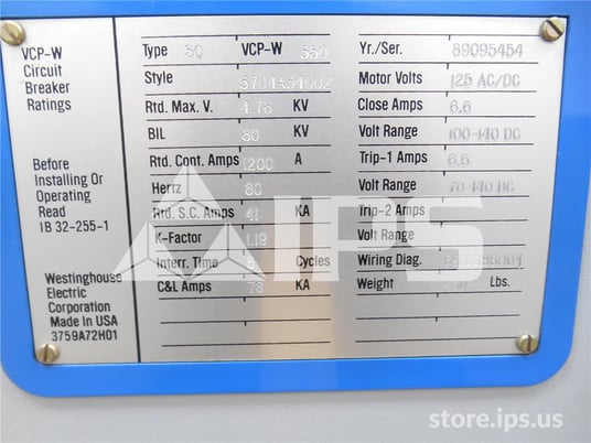 1200 Amps WH 50vcp-w 350 Eo/do Parts Unit, 4.76kv, 125 Volts DC - Image 3