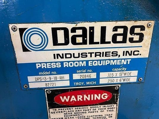 6000 lb. Dallas #DDCR-6000/DPS-3.5-9-18-RH/DRF-418RH, double end coil reel servo feed line, 1998 - Image 7