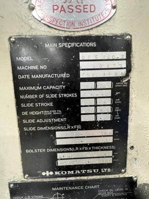 200 Ton, Komatsu #OBS200-2, single point gap press, 9.84" stroke, 18.9" Shut Height, pneumatic clutch & - Image 4