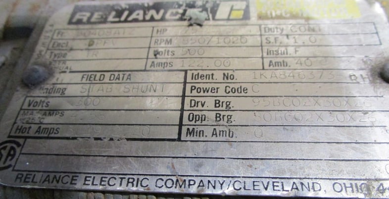 75 HP 850/1020 RPM Reliance, Frame 408ATZ, DPFV, electrically OK, 500 VA, 300 VF - Image 2
