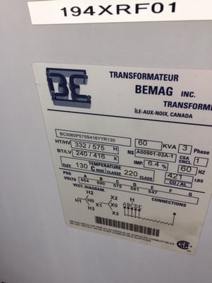 60 KVA 575/332 Primary, 416/248 Secondary, Bemag Transformer - Image 2