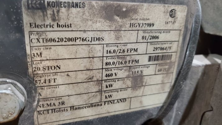 20 Ton, Kone, 57' lift, class D, VFD trolley, 108" gauge, 460 V., 2006, #2316 - Image 6