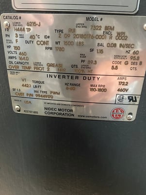 150 HP 1785 RPM U.S. Motors, Frame 444TP, vert premium eff inverter duty, weather protected enclosure type - Image 4