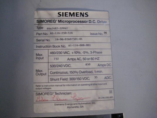Extruder Drive, Siemens, 75 HP Microprocessor DC drive, serial #16-96-D3607501-01 - Image 3