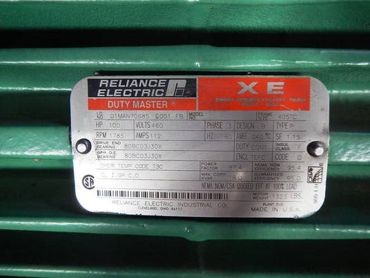 100 HP 1800 RPM Reliance, Frame 405TC, TEFC BB Explosion Proof, New ...