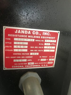 50 KVA Janda #P50-18, press type spot welder, 12" throat depth, 8" throat gap, 480 V. - Image 5