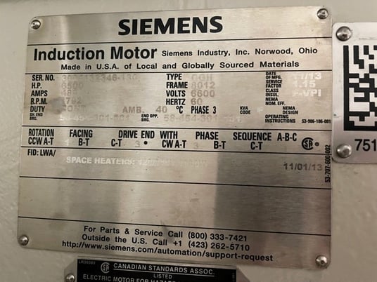 6500 HP 1792 RPM Siemens, Frame 8012, 6600 Volts, new, one year warrany - Image 1