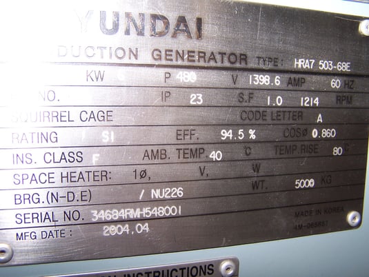 1000 KW Hyundai, Induction generator set, S/N 3468rm-1548001, 1200rpm, 480 Volts - Image 4