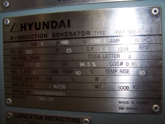 1000 KW Hyundai, Induction generator set, S/N 3468rm-1548001, 1200rpm, 480 Volts - Image 5