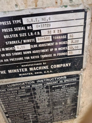 60 Ton, Minster #6, OBI press, 4" stroke, 13" Shut Height, 32" x 21" bed - Image 7