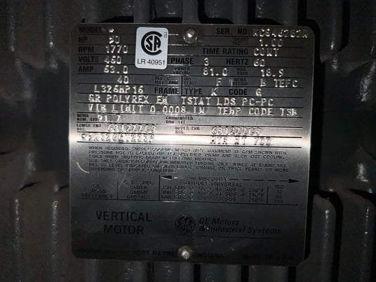 50 HP 1770 RPM General Electric, Frame L326HP16, TEFC BB EXP, 460 Volts ...