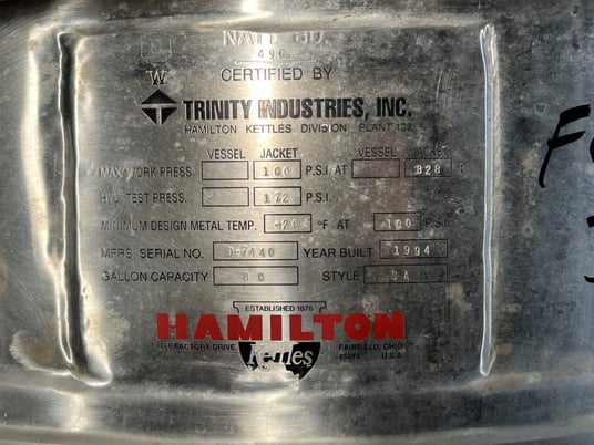 80 gallon Hamilton, Double Motion Kettle, Stainless Steel, Style Sa, Jacketed 100 PSI at 328 F, On Legs, 1994 - Image 2