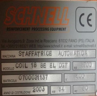 Schnell Coil #18BE-EL-DGT, stirrup bender, single & double strand for ...