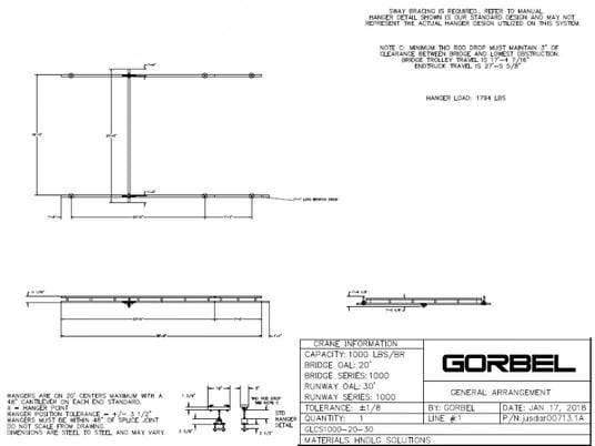 .5 Ton, Gorbel GLCS-1000-20-30, ceiling mounted bridge crane w/ Yale hoist, 30' runway, (6) hanger - Image 2