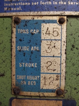 45 Ton, Bliss #C45, OBI press, 2" stroke, 12.75" Shut Height, 15 HP, 45-95 SPM vari-speed, 1978 - Image 4