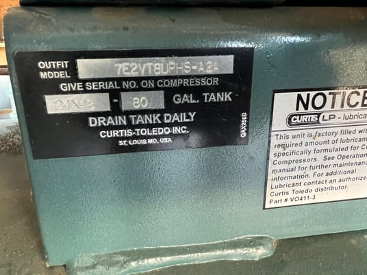 7.5 HP Curtis, Single Phase Air Compressor - Image 3