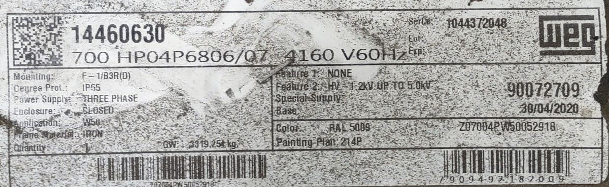 700 HP 1800 RPM Weg, Frame 6806/7, TEFC, ball, new, 4160 Volts - Image 1